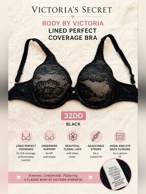 Victoria's Secret 32DD Bra Body by Victoria Lined Perfect Coverage Black Lace